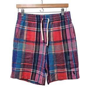 NWOT Polo Ralph Lauren Plaid Shorts Small Red Blue Cotton Blend Pull‎ On Preppy
